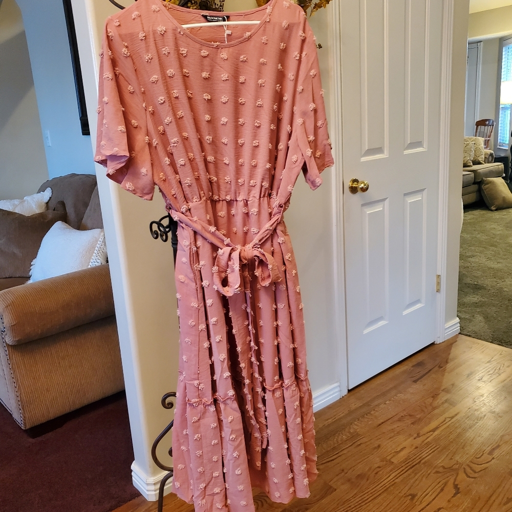 Dusty pink (watermelon) belted textured dress from Bloomchic. 2X (18-20)